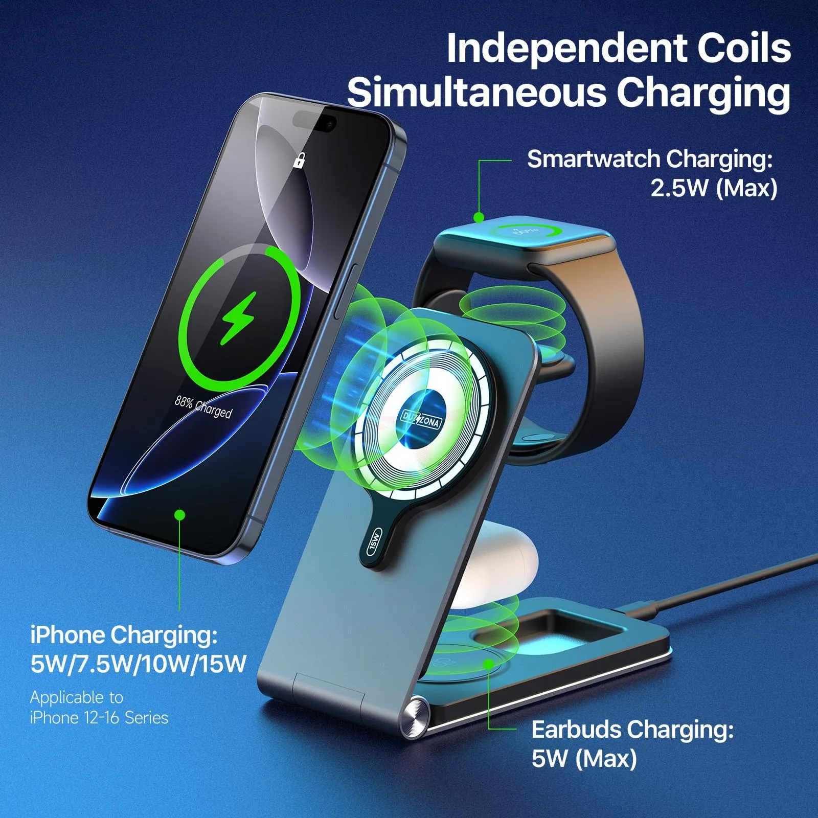 15W 3 In 1 Foldable Magnetic Wireless Charger Grey