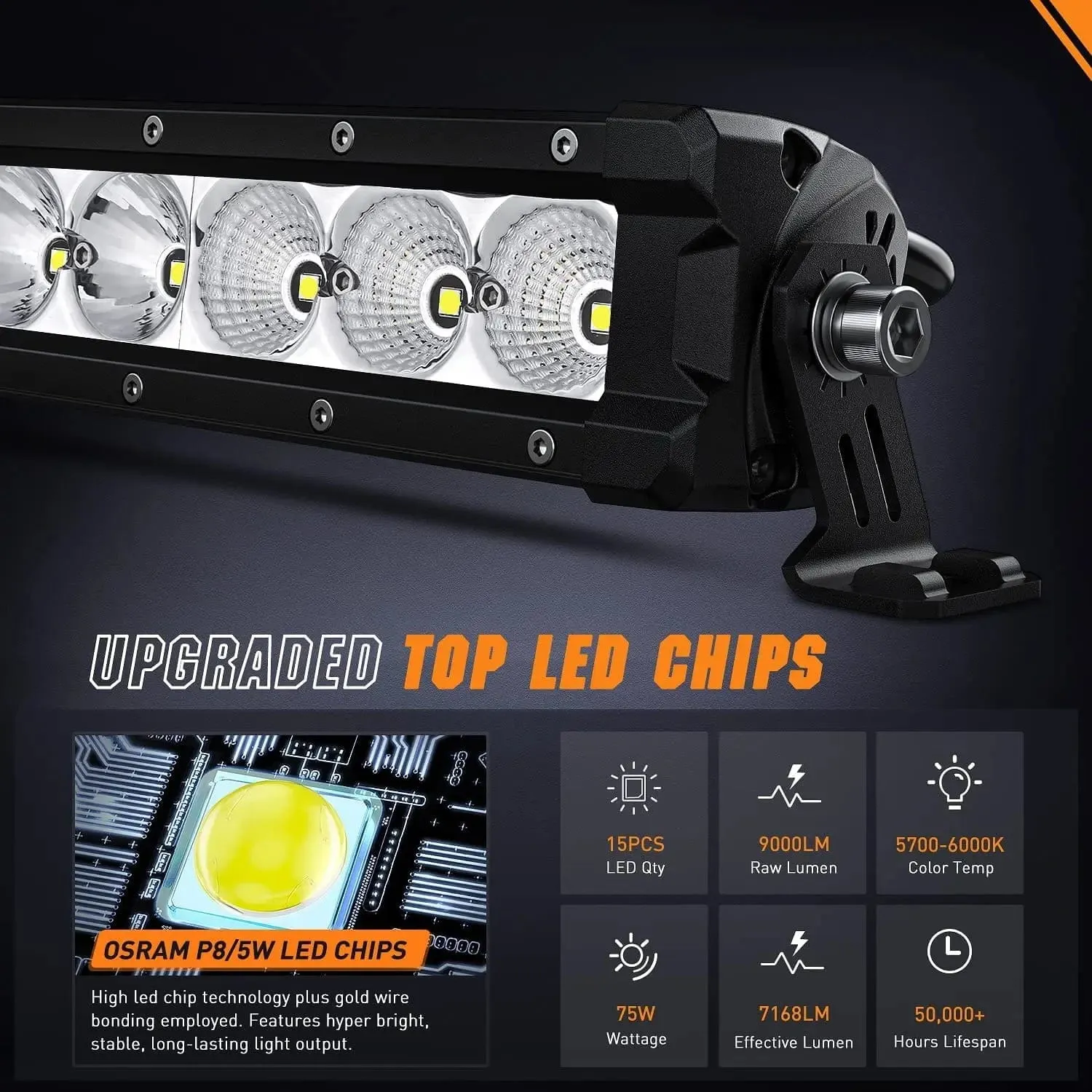 20 Inch 75W 9000LM Osram P8-5W Chips Slim Spot Flood LED Light Bar