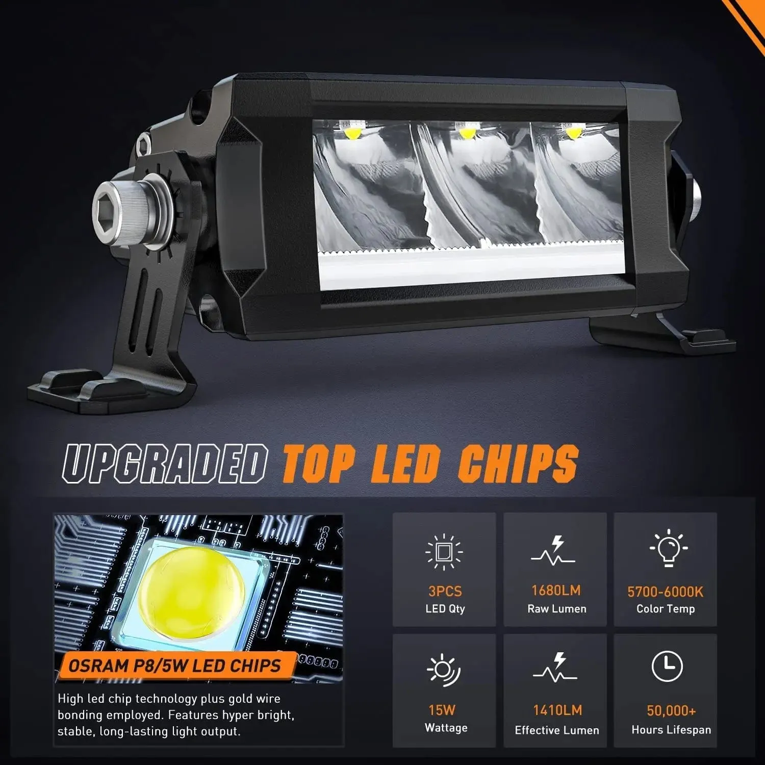 5.3 Inch 15W 1680LM Slim DRL Anti-Glare Spot LED Light Bars (Pair) | 16AWG DT Wire