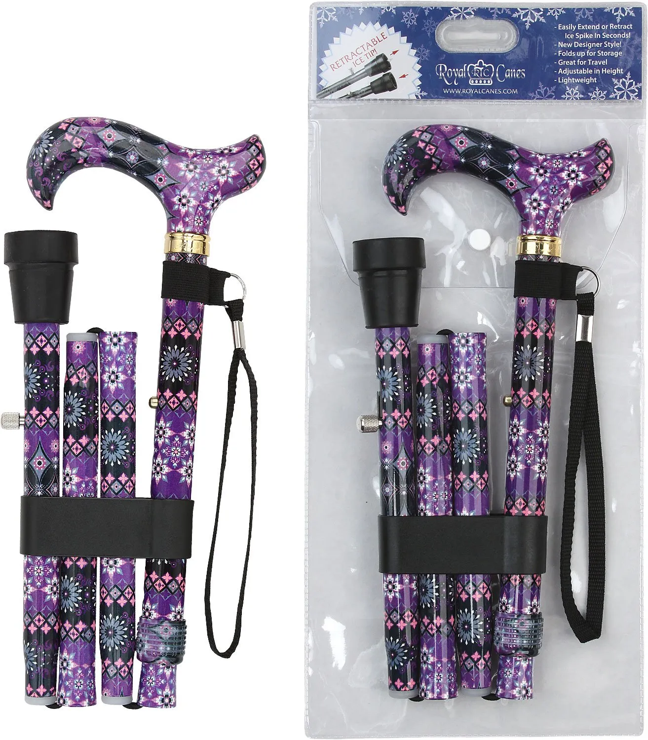Designer Folding Cane: Purple Majesty, Retractable Ice Tip