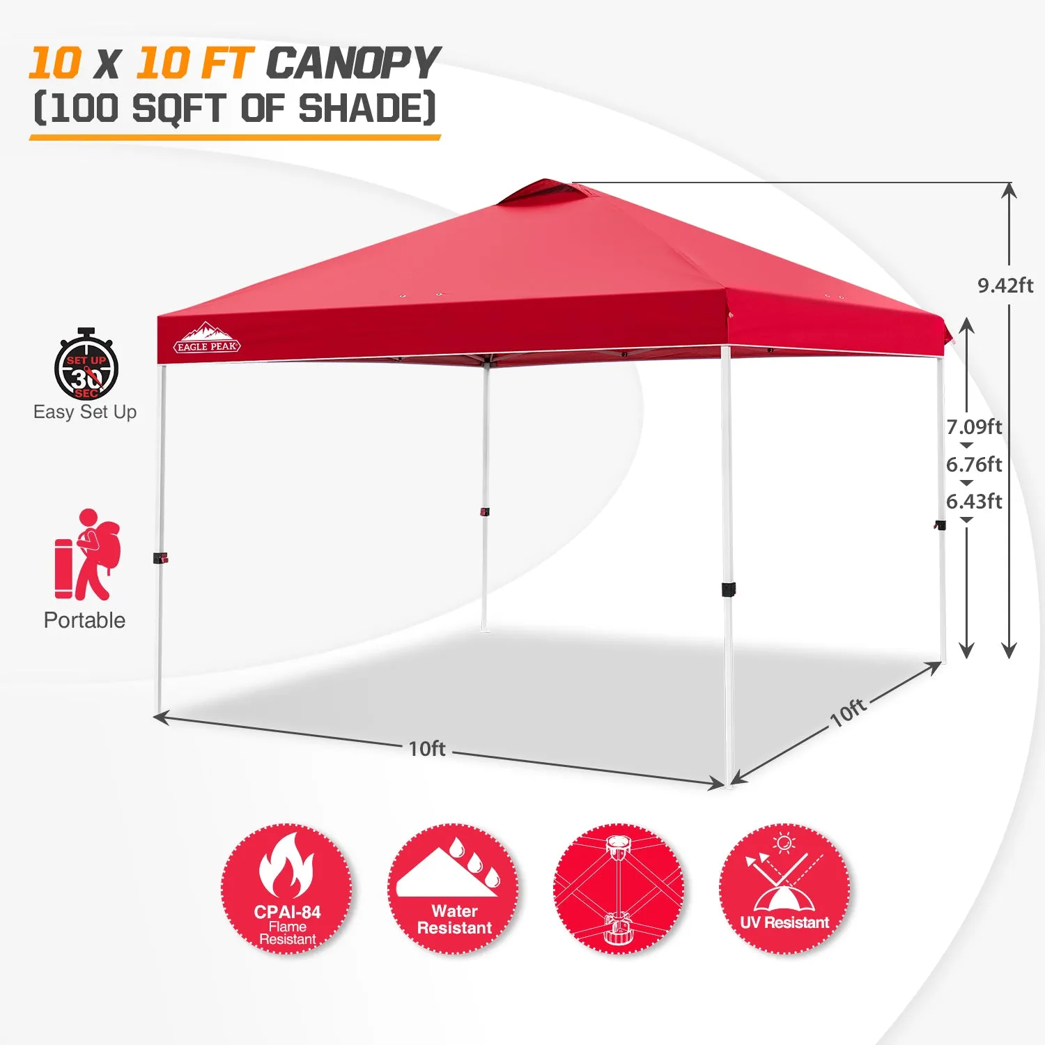 EAGLE PEAK E100/O100 Easy Setup 10x10 Straight Leg Pop Up Canopy Tent with 100 Sqft of Shade