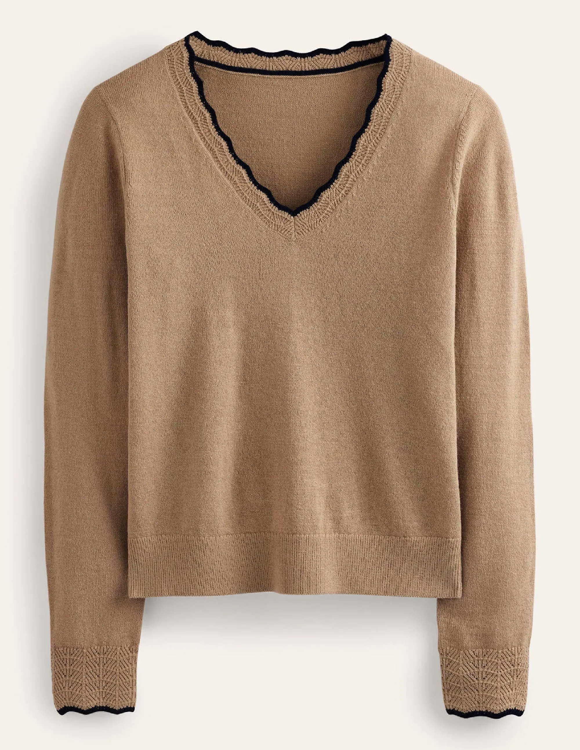 Merino Scallop V-Neck Jumper-Camel Melange